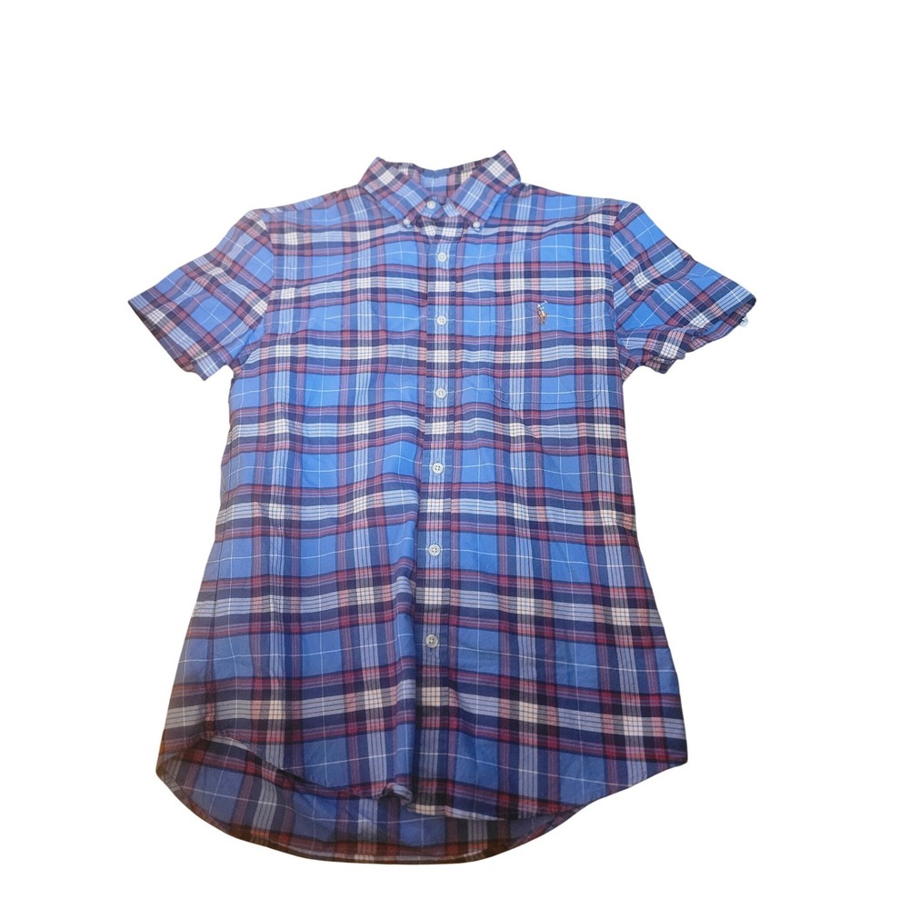 Polo Ralph Lauren Mens Slim Fit RL Untucked Plaid Short Sleeve Shirt Blue Red M